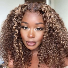 Hurela Blonde Highlight Pre Plucked 4x4 Lace Closure Wig Jerry Curly 100% Virgin Remy Human Hair Wigs Color #TL412