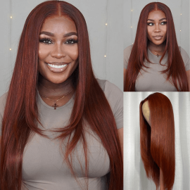 Hurela Reddish Brown Bone Straight 13x4 Lace Front Wig Human Hair With Layer Inner Buckle Auburn Copper Color Kie Same Hair