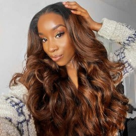 Hurela V Part Wig Highlight Balayage 13x4 Lace Frontal Body Wave Virgin Human Hair 150% Density