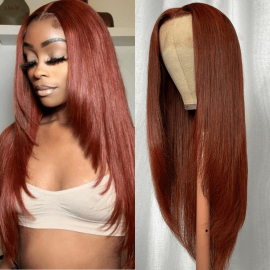 Hurela Reddish Brown Bone Straight 13x4 Lace Front Wig Human Hair With Layer Inner Buckle Auburn Copper Color