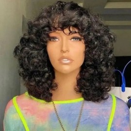 Hurela Cheap Long Bouncy Curly Hair Black Wigs Remy Human Hair Glueless Wigs 10 Inch