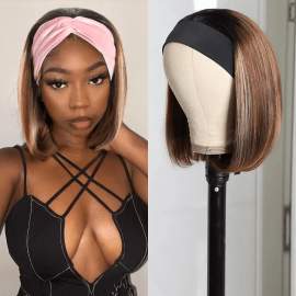 Hurela Headband Wigs Ombre Color Straight Short Bob Wigs Human Hair 1BTL412 Color