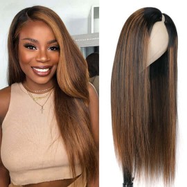 Hurela Ombre Brown Balayage Glueless Straight U Part Human Hair Wig Blonde Highlights Color #FB30 