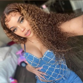 Hurela Honey Blond Highlight 13x4 Lace Front Jerry Curly Human Wigs With Baby Hair #TL412 Color 150% Density Facebook ad Special Sale