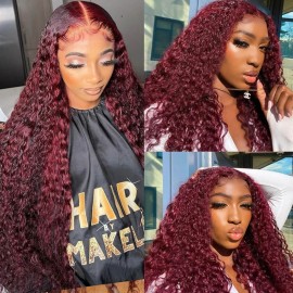 Hurela 13x4 Lace Burgundy Colored Jerry Curly 4X0.75 Lace Part Human Hair Wig For Women Pre-Plucked Wig