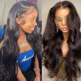 Hurela 100% Human Virgin Hair Lace Part Wig With Curly Baby Hair Loose Body Wave Wig
