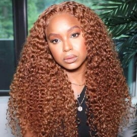 Hurela High Quality Precolored Ginger Brown Jerry Curly 13x4 Lace Front Human Hair Wigs