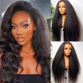 Hurela 5x5 Pre Plucked HD Lace Closure Wigs Human Hair Kinky Straight Glueless Lace Wigs Natural Black Color
