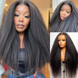 Hurela 5x5 Pre Plucked HD Lace Closure Wigs Human Hair Kinky Straight Glueless Lace Wigs Natural Black Color