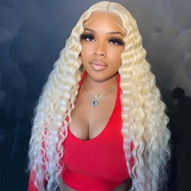 Hurela Blonde Deep Wave 13x4 Lace Front Wig Pre-plucked Human Hair 150% Density With Baby Hair