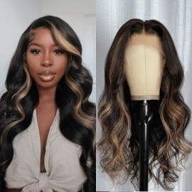 Hurela 13x4 Chocolate Brown BodyWave With Peek A Boo Blonde Highlights Loose Wave Lace Front Wig Beyoncé Inspired
