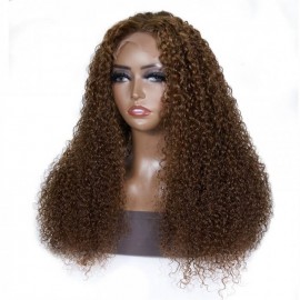 Hurela Brown Jerry Curly 4x4 T Part Wig Wavy Human Hair Wigs #4 Colored Wigs