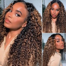 Hurela Brown Highlight Color U Part Human Hair Wig Balayage Curly V Part Human Hair Wigs 150% Density Color #FB30