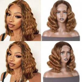 Hurela Brown Balayage 4x4 Lace Closure Wigs Deep Wave Ombre Honey Wig 150% Density