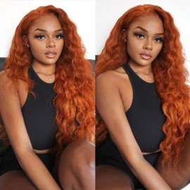 Hurela Burnt Orange Water Wave T Part Lace Human Hair Wigs Wet And Wavy Ginger Wig 150% Density Whatsapp Sale