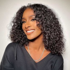 Hurela Cheap Bouncy Curly Glueless Wigs Human Hair Short Wigs 12 Inch Natural Black Hair