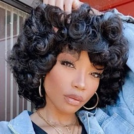 Hurela Cheap Long Bouncy Curly Hair Black Wigs Remy Human Hair Glueless Wigs 10 Inch