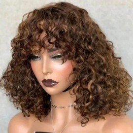 Hurela Ombre Highlight Brown Deep Wave Wig Machine Made Human Hair Colored Wig With Bangs