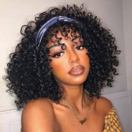 Hurela Best Human Hair Headband Wigs 150% Density Jerry Curly Wig With Removable Bangs Natural Black Color Msnaturally Mary