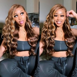 Hurela 13x4 Transparent Lace Front Glueless Wigs Blonde Highlight Piano Colored Wigs Body Wave Hair Wigs TL412# Color 150% Density