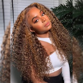 Hurela Highlight Colored Wigs 13x4 Lace Front Wigs Jerry Curly Human Wigs With Baby Hair #TL412 Color 150% Density