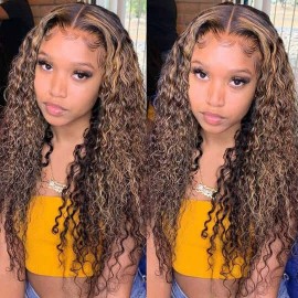 Hurela Highlight Colored Wigs Jerry Curly 13x4 Lace Front Wigs Human Wigs With Baby Hair #TL412 Color 150% Density