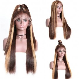 Hurela Blonde 13x5x0.5 Lace Part Straight Highlight Wig With Curly Edge Bangs And Baby Hair TL412 Color
