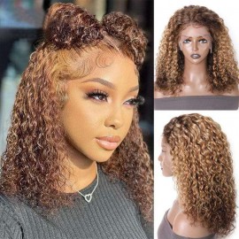 Hurela Honey Blonde Highlight Ombre Water Wave Human Hair Wig Short 13x4 Lace Front Wig 150% Density