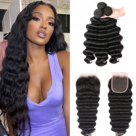 Hurela 3 Bundles With 4x4 Lace Closure Peruvian Loose Deep Wave Hair Free Part Natural Color