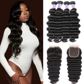 Hurela Hair 100% Human Virgin Hair Loose Deep Wave Hair 4 Bundles With 4x4 Lace Closure