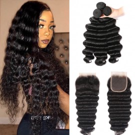Hurela 3 Bundles With 4x4 Lace Closure Peruvian Loose Deep Wave Hair Free Part Natural Color