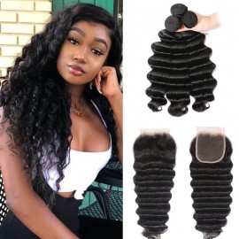 Hurela 3 Bundles With 4x4 Lace Closure Brazilian Loose Deep Wave Hair Free Part Natural Color
