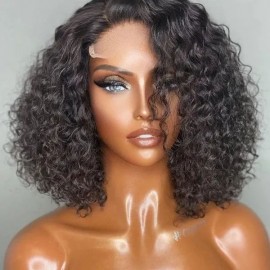 Hurela Only 10 Pics!-Natural Hairline 4x4 Lace Closure Wig Short Bob Water Wave Hair Black Wigs 150% Density Facebook ad Special Sale