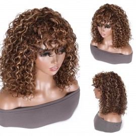 Hurela Ombre Highlight Brown Deep Wave Wig Machine Made Human Hair Colored Wig With Bangs