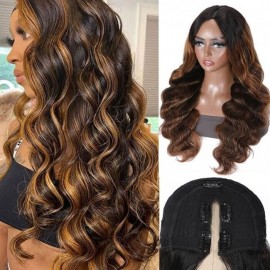 Hurela V Part Wig Highlight Balayage 13x4 Lace Frontal Body Wave Virgin Human Hair 150% Density
