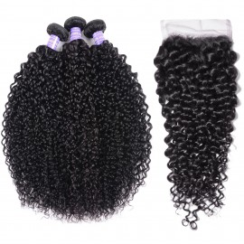 Hurela Brazilian Curly Weave Human Hair 3 Bundles With Lace Closure Deals