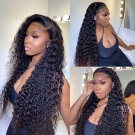 Hurela 13x4 Lace Front Deep Curly Human Hair Wig Natural Black Wavy Wig 150% Density
