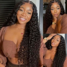 Hurela 13x4 Lace Front Deep Curly Human Hair Wig Natural Black Wavy Wig 150% Density