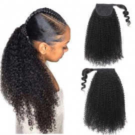 Hurela Afro Kinky Curly Drawstring Ponytail Human Hair Extensions Wrap Around with Clips In for Women Natural Black