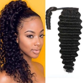 Hurela Deep Wave Wrap Around Clip In Ponytail Hair Extensions Magic Velcro Natural Color Hairpieces For Women