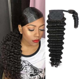 Hurela Deep Wave Wrap Around Clip In Ponytail Hair Extensions Magic Velcro Natural Color Hairpieces For Women
