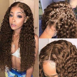 Hurela Brown Jerry Curly 4x4 T Part Wig Wavy Human Hair Wigs #4 Colored Wigs