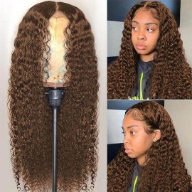 Hurela Brown Jerry Curly 4x4 T Part Wig Wavy Human Hair Wigs #4 Colored Wigs