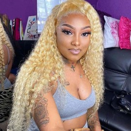 Hurela Blonde Jerry Curly Lace Frontal Wig 13x4 Transparent Human Hair Wig With Baby Hair 150% Density