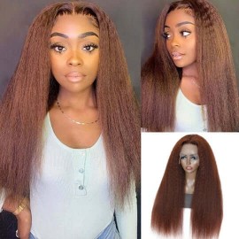 Hurela Kinky Straight Reddish Brown 13x4 Lace Front Wig Dark Auburn Copper Color Human Hair Wigs 150% Density