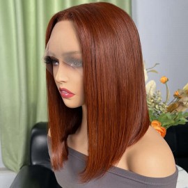 Hurela Straight Short Bob Red Brown Wig Dark Auburn Color 13X5X0.5 Lace Part Wig Pre Plucked Color #33