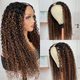 Hurela Balayage Highlight V Part Virgin Human Hair Wig Brown Highlight Curly Hair Color #FB30