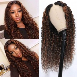 Hurela Ombre Highlights Color Water Wave V Part Human Hair Wig Middle Part Glueless Wigs 150% Density