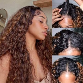 Hurela Ombre Highlights Color Water Wave V Part Human Hair Wig Middle Part Glueless Wigs 150% Density