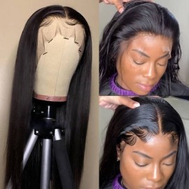 Hurela 13x4 Straight 100% Human Hair Lace Front Wigs for Women 180% Density Glueless Lace Frontal Wig Pre Plucked with Baby Hair